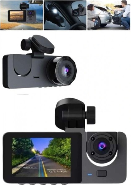 Araç Içi Dikiz Kamerası Sürüş Kaydedici 3 Lensli Dvr Kamera