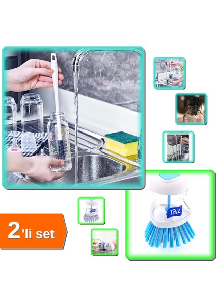 Silikon Biberon ve Şişe Temizleme Fırçası + Deterjan Hazneli Bulaşık Fırçası - 2li Set U5M6N0