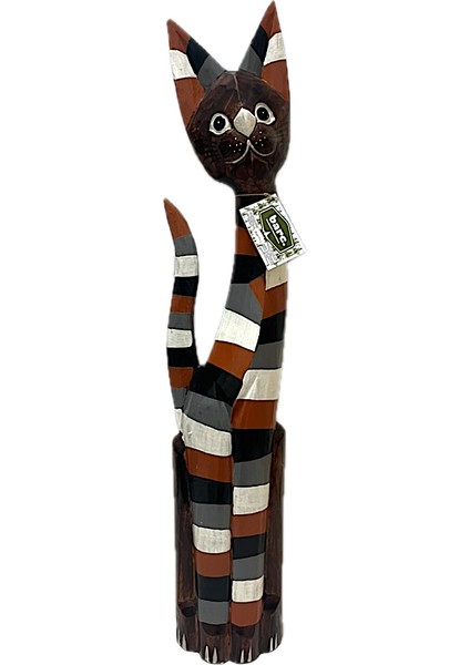 Ahşap Dekoratif Kedi 100 cm Büyük Çizgili Kedi Otantik El Yapımı Biblo