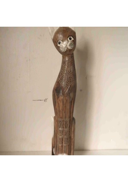 Ahşap Dekoratif Kedi 100 cm Büyük K.kahve Otantik El Yapımı Biblo