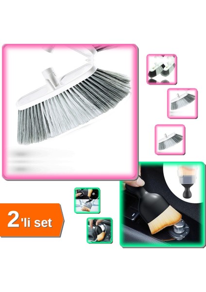 Battal Oto Fırçası Temizlik Fırçası Sapsız + Mini Yumuşak Kıllı Araç Içi Fırçası - 2li Set E6W7L4
