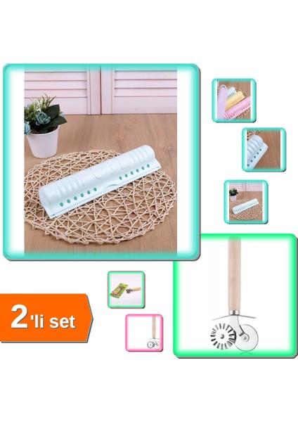 Streç Film Kesme Aparatı - Folyoluk + Pizza Kesici ve Hamur Ruleti - 2li Set S2G2C4