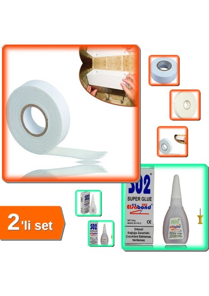 Çift Taraflı Köpük Bant 19MMX5M + S02 Hızlı Japon Yapıştırıcısı - 2li Set M7U6Z5