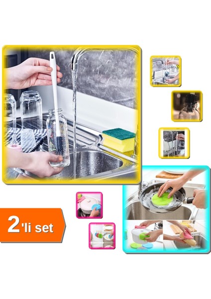 Silikon Biberon ve Şişe Temizleme Fırçası + 2 Adet Silikon Bulaşık Fırçası - Tutacak - 2li Set A8D6F