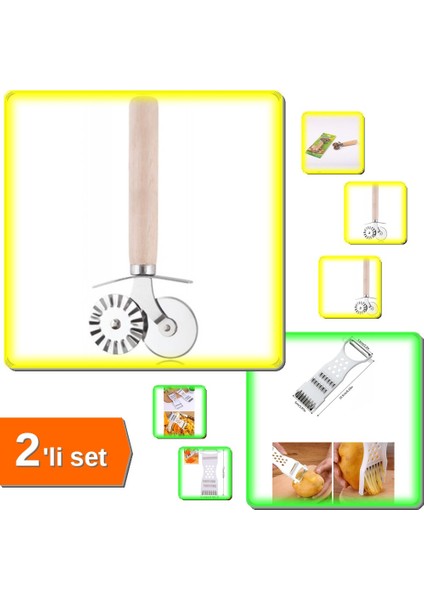 Pizza Kesici ve Hamur Ruleti + 5 Fonksiyonlu Rende Soyacak - 2li Set U1Y4Q3