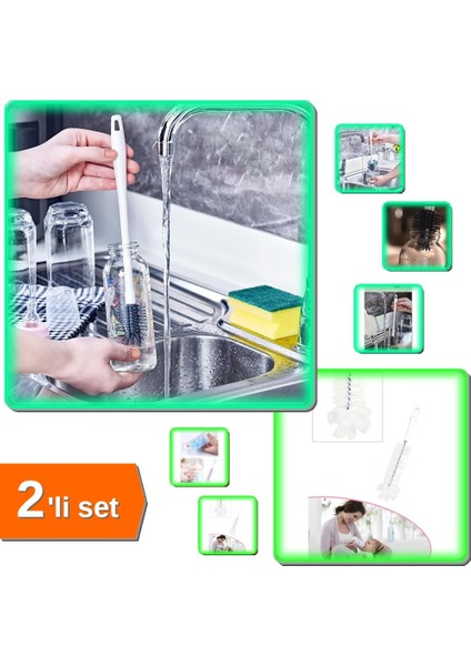 Silikon Biberon ve Şişe Temizleme Fırçası + Şişe ve Biberon Fırçası - 2li Set Q0Y0F4