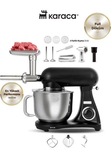 Döküm Gövdeli 6,2 Litre Çelik Hazneli 1800W Hamur Yoğurma ve Kıyma-Sucuk Yapma Çok Fonksiyonlu Mutfak Şefi