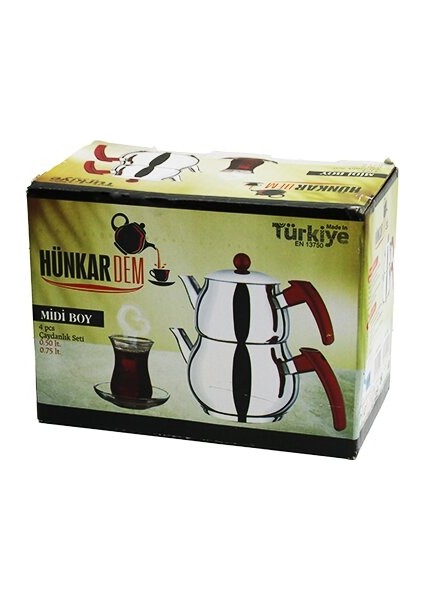 MİDİ BOY KÜRE ÇELİK ÇAYDANLIK SETİ RENKLİ BAKALİT KULP ÜST DEMLİK: 0.5LT - ALT SULUK: 0.7