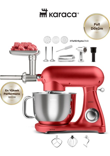 Döküm Gövdeli 6,2 Litre Çelik Hazneli 1800W Hamur Yoğurma ve Kıyma-Sucuk Yapma Çok Fonksiyonlu Mutfak Şefi