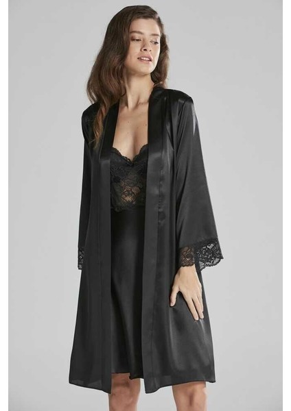 Sütyen Kaplı Sabahlık Gecelik Set 4265 Siyah