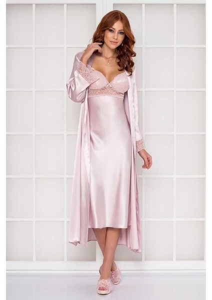 Pudra Uzun Saten Sabahlık Gecelik Set 4370
