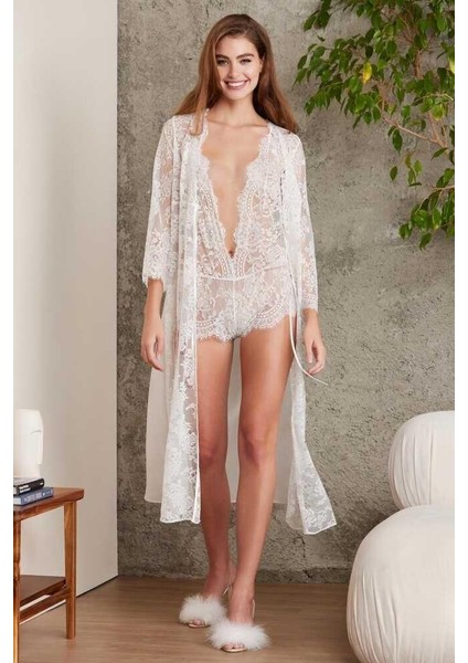 Şifon Ekru Dantelli Tulum ve Sabahlık Takımı 4810
