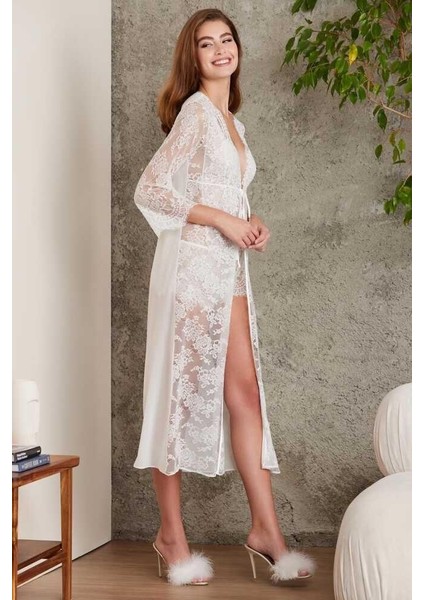 Şifon Ekru Dantelli Tulum ve Sabahlık Takımı 4810 fiyatları