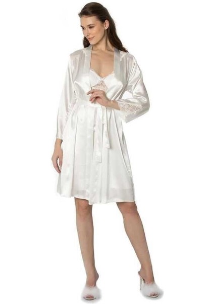 Sütyen Kaplı Sabahlık Gecelik Set 4050 Ekru