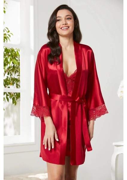 Saten Dantelli Gecelik Sabahlık Takım 4280 Kırmızı