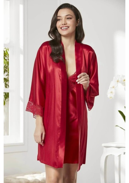 Saten Dantelli Gecelik Sabahlık Takım 4280 Kırmızı fırsatları