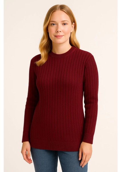 Bisiklet Yuvarlak Yaka Triko Kazak Pamuklu Kalın Fitilli Dokuma, Regular Fit Uzun Kollu Kışlık Model - Bordo fırsatları