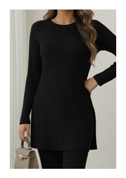 Kadın Uzun Kollu Yuvarlak Yaka Yandan Yırtmaç Detaylı Şardonlu Kaşkorse Bluz ve Pantolon Ikili Takım fiyatları