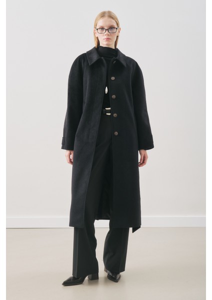 Premıum Kaşe Uzun Kaban Siyah