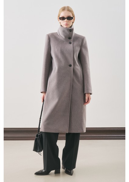 Premıum Kaşe Trench Tasarımlı Kaban Soft Gri