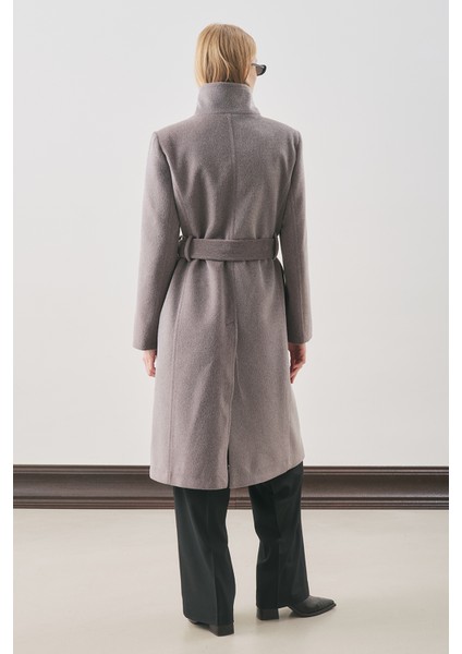 Premıum Kaşe Trench Tasarımlı Kaban Soft Gri