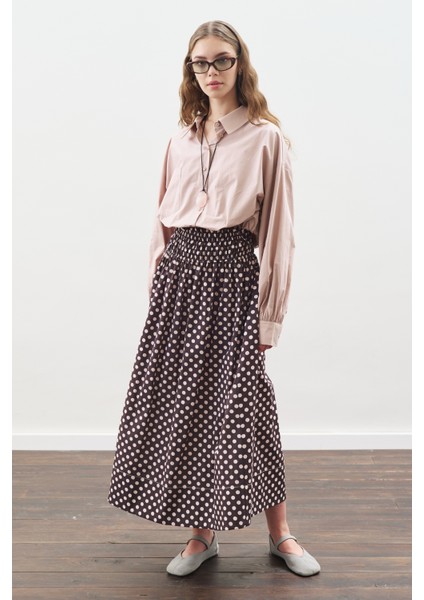 Puantiyeli Beli Büzgülü Etek Kahverengi