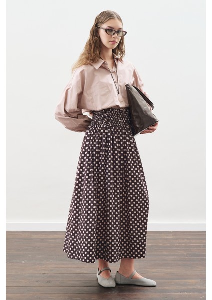 Puantiyeli Beli Büzgülü Etek Kahverengi fiyatları