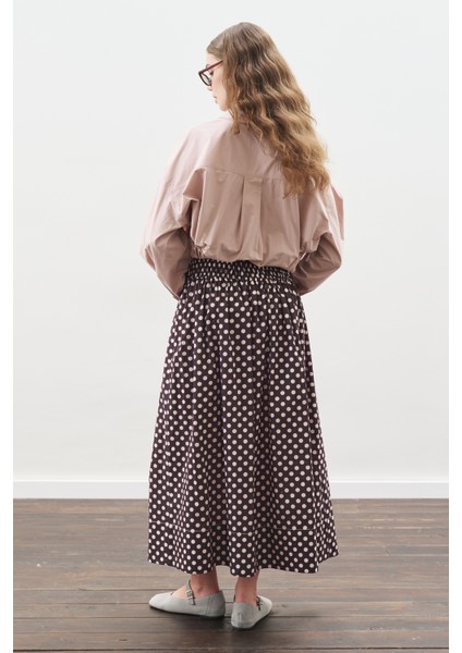 Puantiyeli Beli Büzgülü Etek Kahverengi