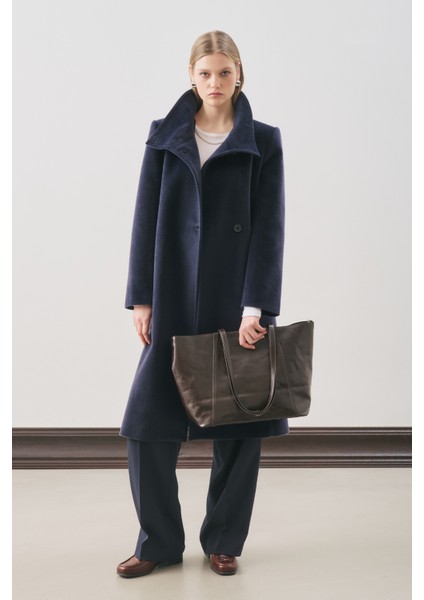 Premıum Kaşe Trench Tasarımlı Kaban Lacivert