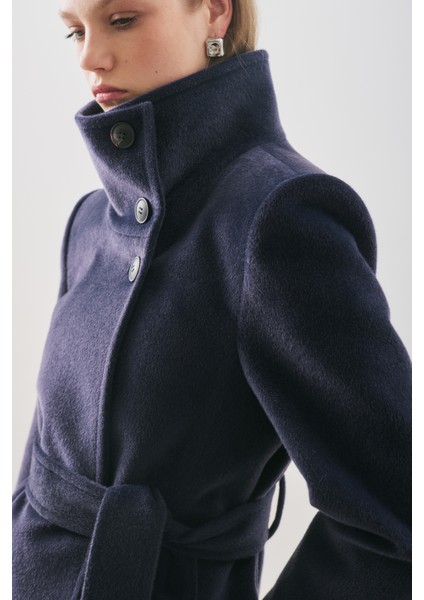 Premıum Kaşe Trench Tasarımlı Kaban Lacivert