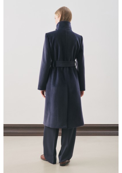 Premıum Kaşe Trench Tasarımlı Kaban Lacivert