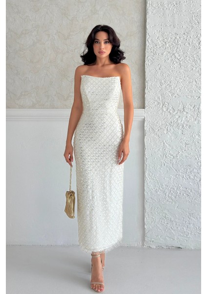 Beyaz Midi Boy Straplez Pul Payet Abiye 0801134.15