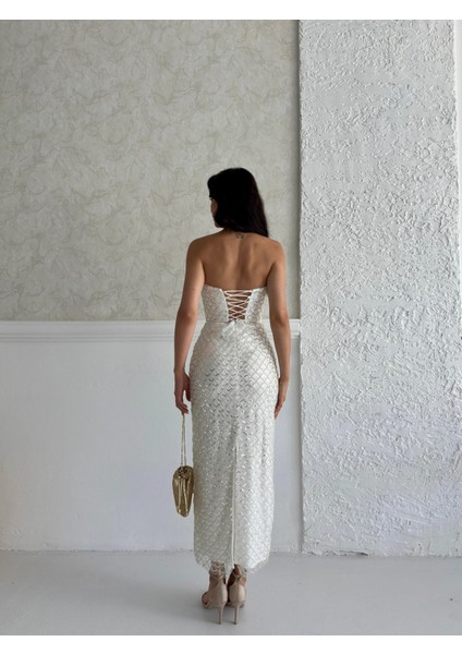 Beyaz Midi Boy Straplez Pul Payet Abiye 0801134.15