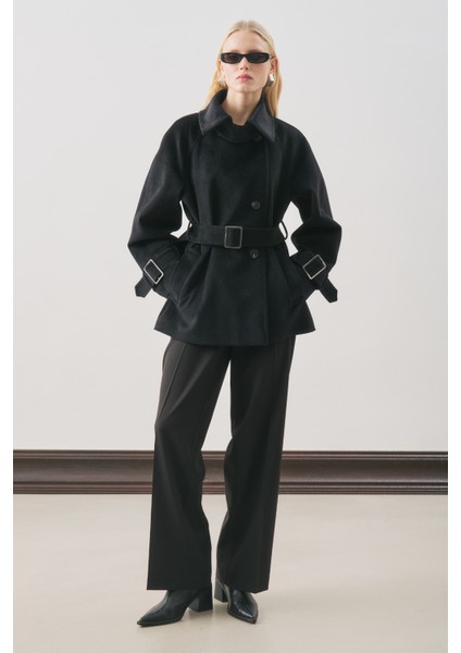 Premıum Kaşe Geniş Kaban Siyah