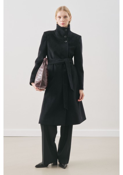 Premıum Kaşe Trench Tasarımlı Kaban Siyah