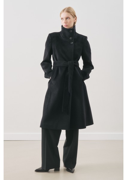 Premıum Kaşe Trench Tasarımlı Kaban Siyah modelleri