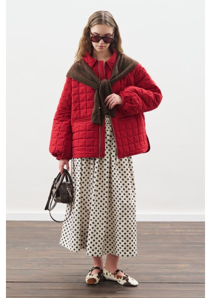 Puantiyeli Beli Büzgülü Etek Ekru modelleri