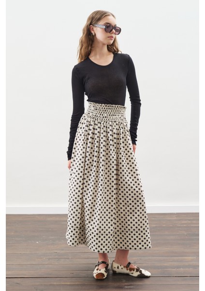 Puantiyeli Beli Büzgülü Etek Ekru fırsatları