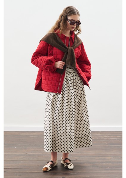 Puantiyeli Beli Büzgülü Etek Ekru