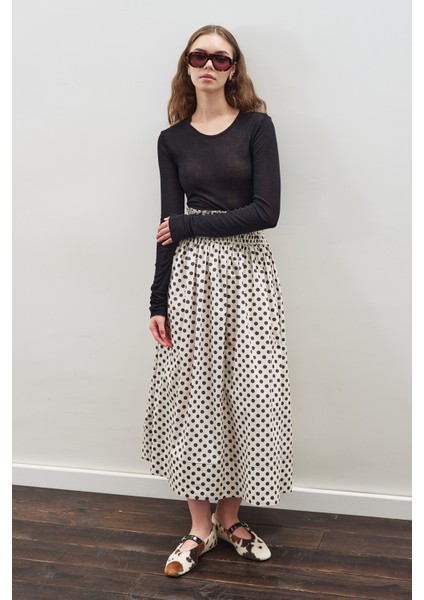 Puantiyeli Beli Büzgülü Etek Ekru