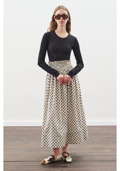 Puantiyeli Beli Büzgülü Etek Ekru indirimleri