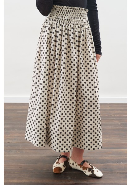 Puantiyeli Beli Büzgülü Etek Ekru