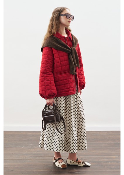 Puantiyeli Beli Büzgülü Etek Ekru