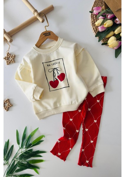 Kiraz Baskılı Kalp Detaylı Taytlı Kız Çocuk 2 li takım - Kırmızı