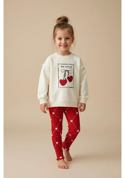 Kiraz Baskılı Kalp Detaylı Taytlı Kız Çocuk 2 li takım - Kırmızı fiyatları