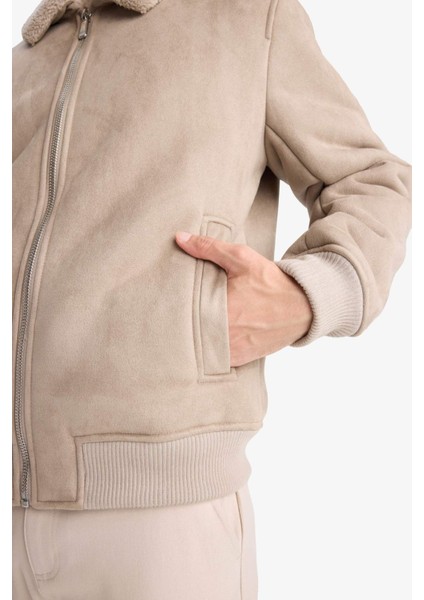 Slim Fit Dar Kesim Kürklü Polo Yaka Astarlı Fermuarlı Cepli Süet Mont A3869AX25WN indirimleri