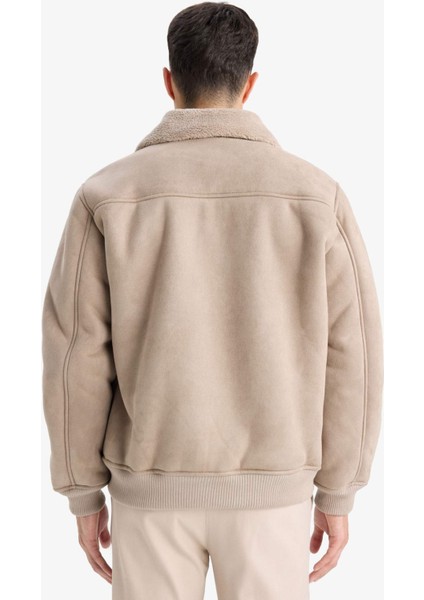 Slim Fit Dar Kesim Kürklü Polo Yaka Astarlı Fermuarlı Cepli Süet Mont A3869AX25WN