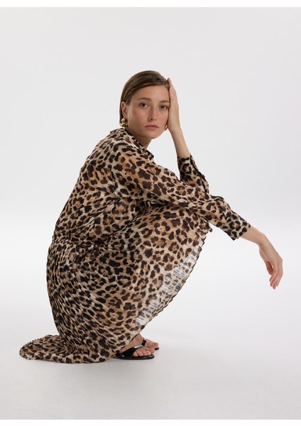 Loose Fit Gömlek Yaka Desenli Bej - Siyah Kadın Gömlek F5WL-GML0360