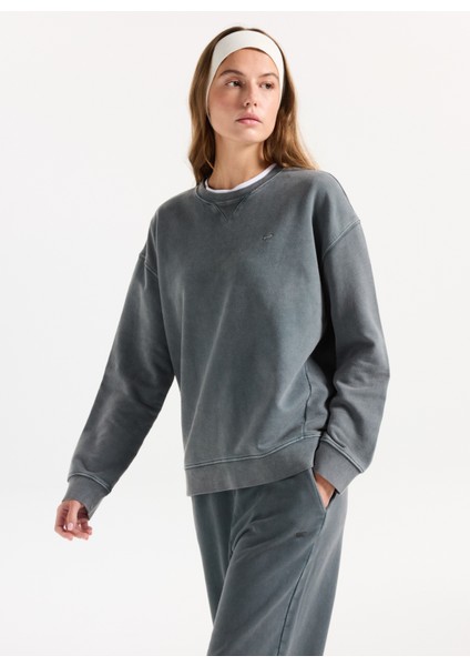 Bisiklet Yaka Nakışlı Antrasit Kadın Sweatshırt M5WL-SWT1008