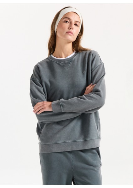 Bisiklet Yaka Nakışlı Antrasit Kadın Sweatshırt M5WL-SWT1008 fiyatları